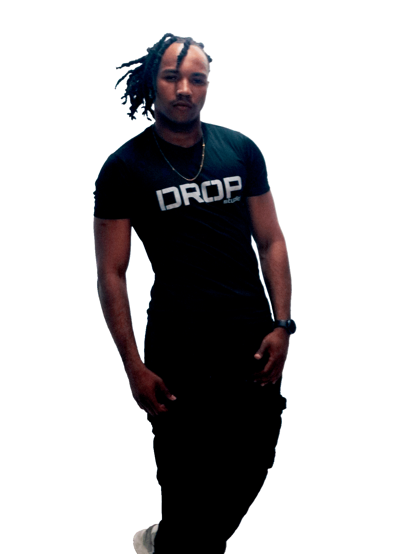 Josué Reis in a black DROP t-shirt, standing tall