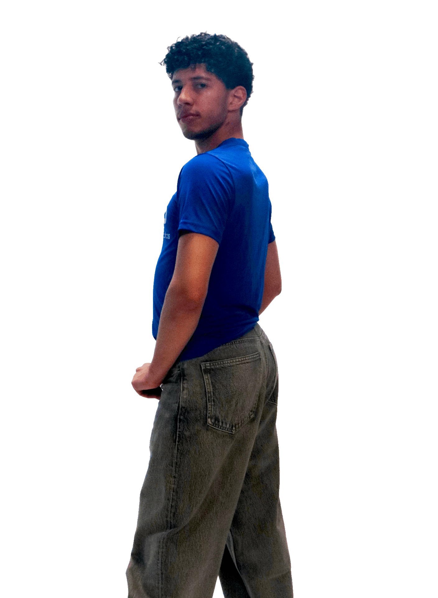Vinícius Martins in a blue t-shirt, turning to the side